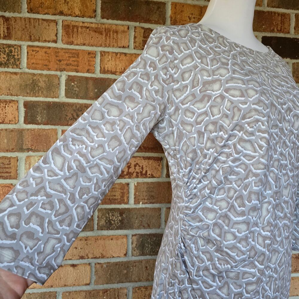 Crop 3/4 Sleeve Dress J. McLaughlin Sage Size L Stretch Ruched Taupe Geo Print
